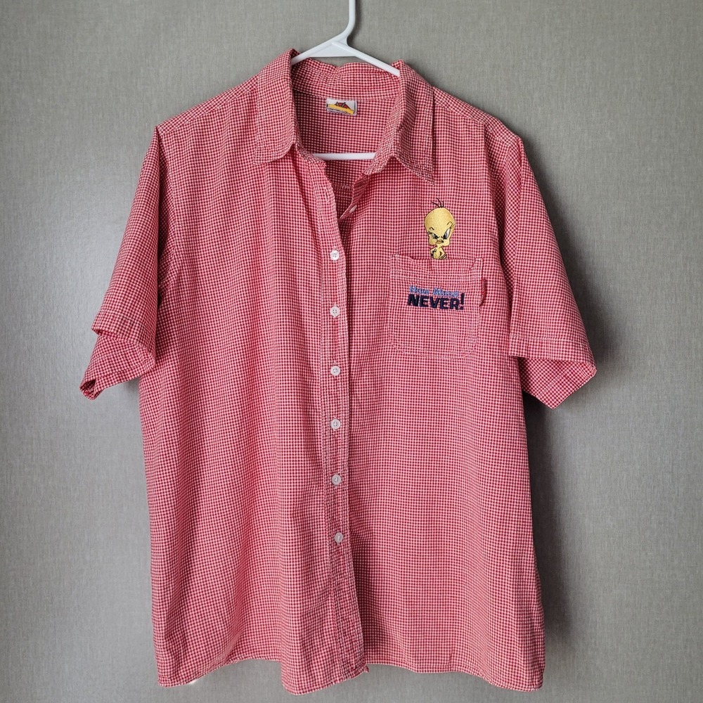 Vintage Y2K Tweety Bird Red Gingham Button Up Shirt 2002 Freeze Tag Looney Tunes
